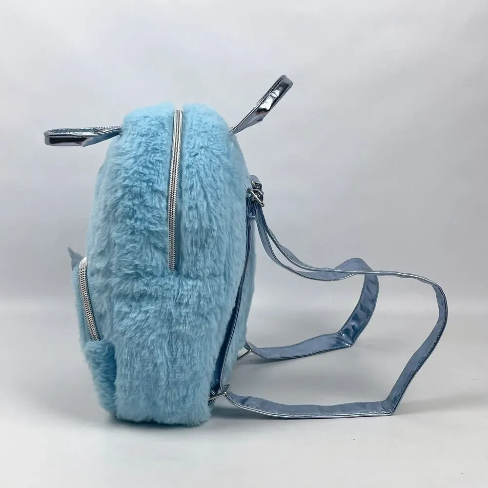 Disney Lilo & Stitch Faux Fur Mini Backpack Blue Fuzzy Sequin Bag EUC